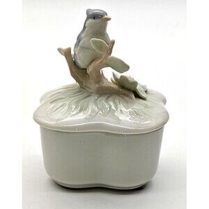George Good Trinket Box w/ Lid Porcelain Bird Wren on a Pink Flowering Branch